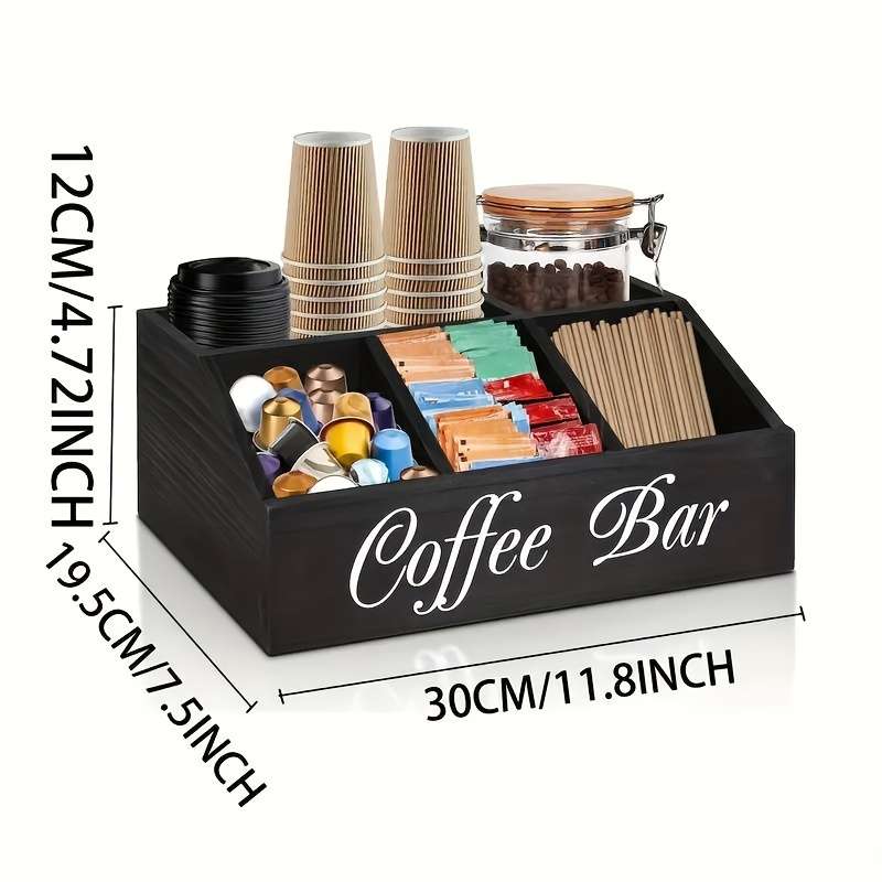 1pc Classic Wooden Coffee Bar Organizer Box Multi-Compartment Storage for Coffee Accessories