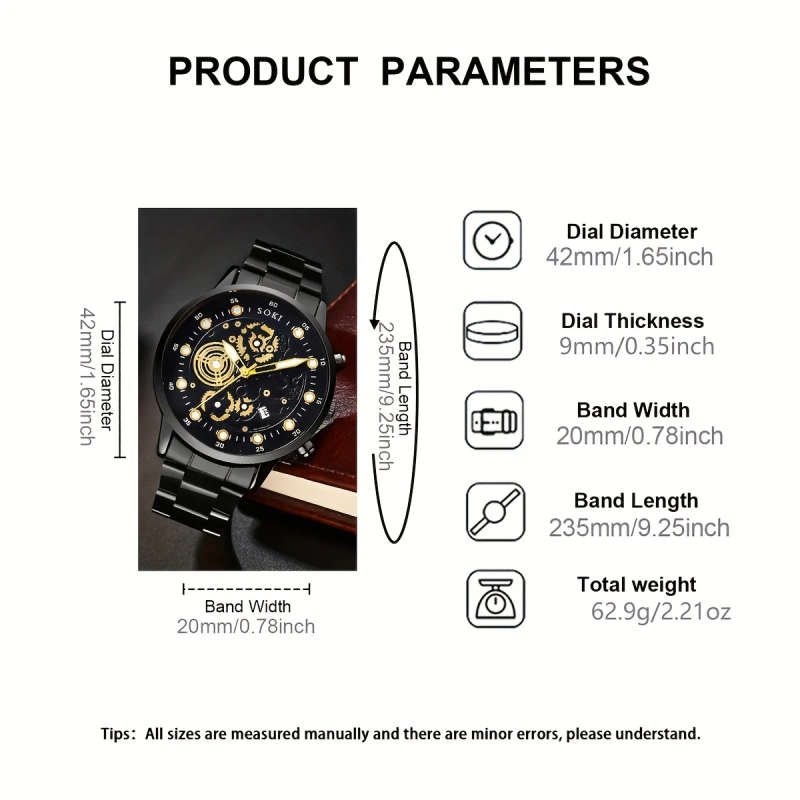 1pc Men's Business Casual Quartz Watch with Calendar Black Stainless Steel Strap Digital Dial Golden
