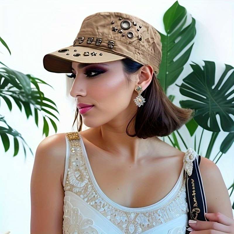 1pc Vintage Skull Rivet Flat Top Hat Lightweight Stretchable Cotton Sun Cap for Independence Day