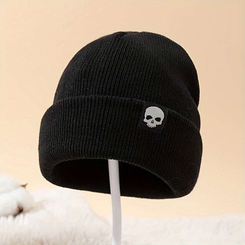 1pc MAKEFGE Skull Logo Knit Beanie Warm Stretchy Acrylic Winter Hat for Men Funky Style Handw