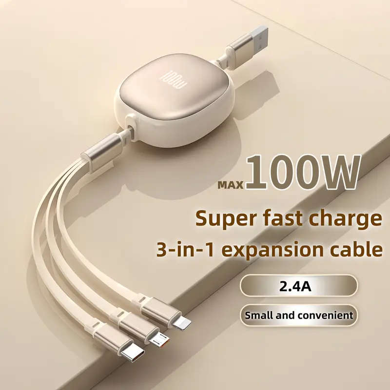 1pc 3in1 Retractable USB Charging Cable 100W Fast Charging USB to C Micro USB for iPhone 13 14 12 11