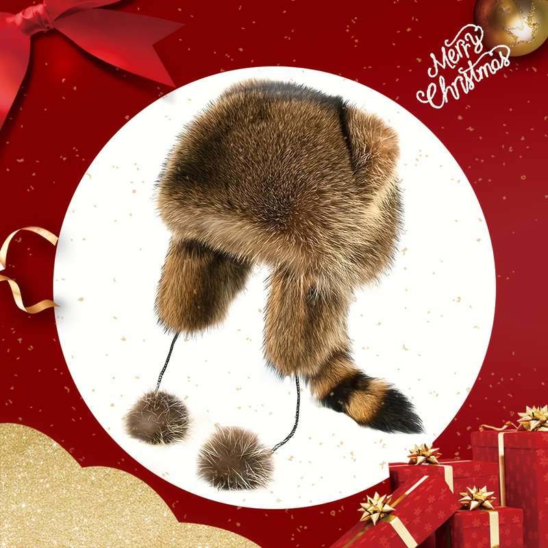 1pc Thick Faux Fur Pilot Hat Warm Coldproof Trapper Hat With Ear Flap Ski Hat Cute With Tail Ha