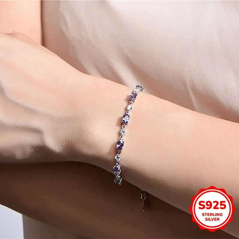 925 Sterling Silver Bracelet with Purple Cubic Zirconia - Bohemian Style