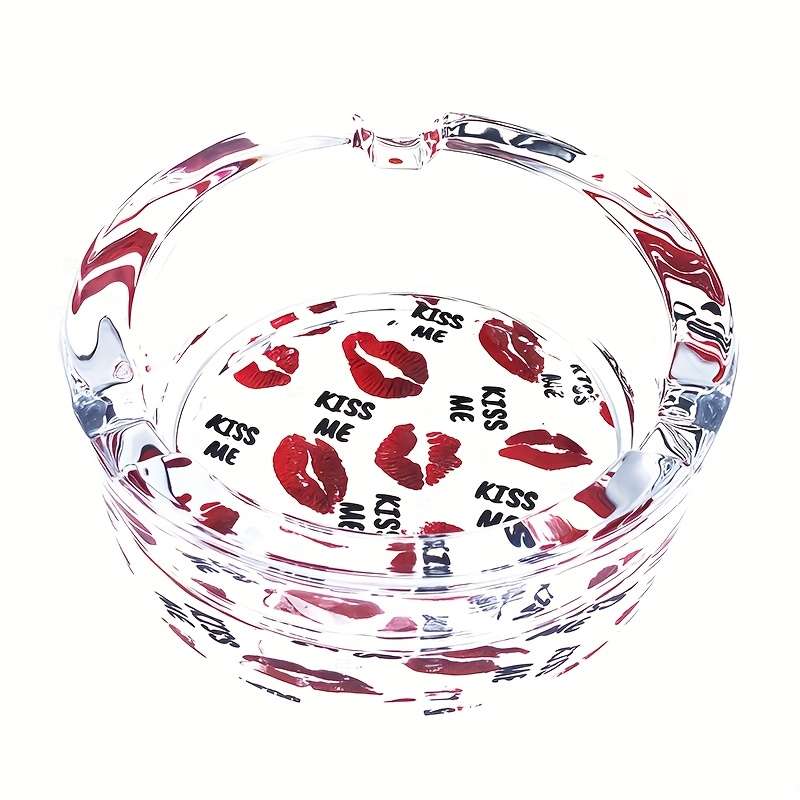 1pc 8.48 cm Round Glass Ashtray with Sexy Red Lips Design C "KISS ME" Pattern Clear Smoking Access