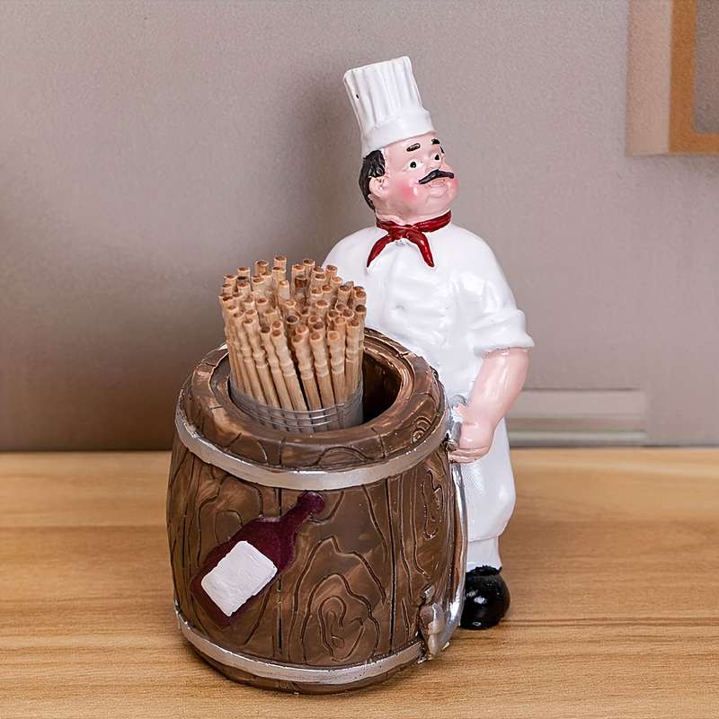 1pc Chef in Barrel Toothpick Holder Cartoon Resin Kitchen Decor White Chef with Red Apron
