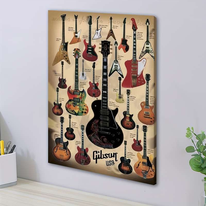 1pc Gibson Guitars Showcase Wooden Framed Canvas Wall Art Vintage Music Decor with 12 Iconic Elec