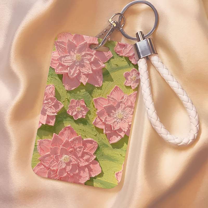 1pc Floral Oil Painting Design Card Holder with Lanyard Durable Plastic Protective Case for Stude