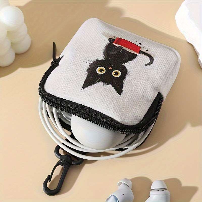1pc 1-Pack Polyester Coin Purse with Cute Waiting Cat Print Large Capacity Zippered Pouch for Head