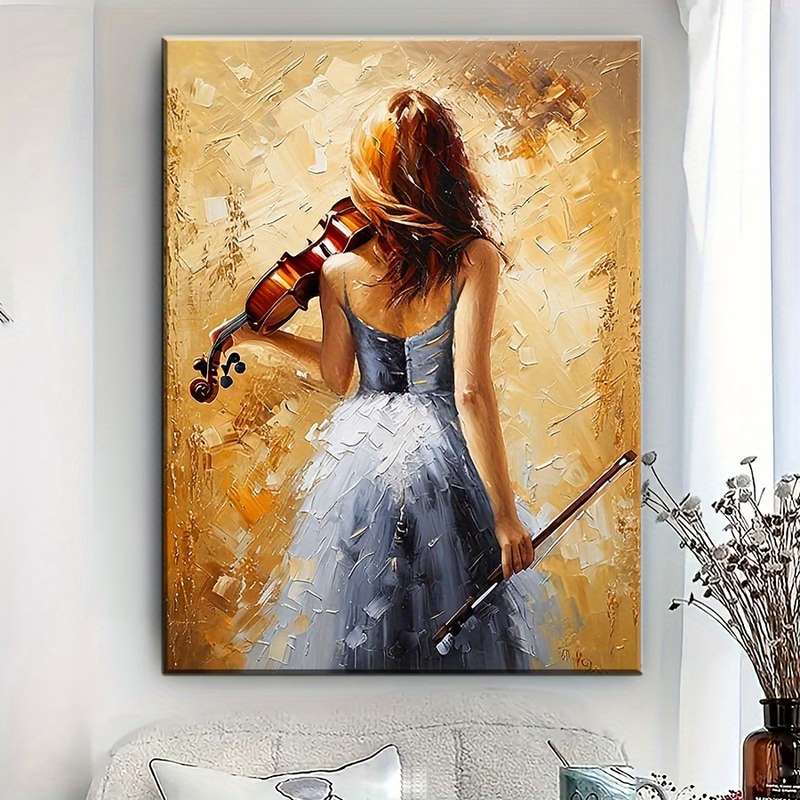 1pc  Elegant Violinist Art Print Music-Themed Wrapped Canvas Frame with Pine Wood Back View W