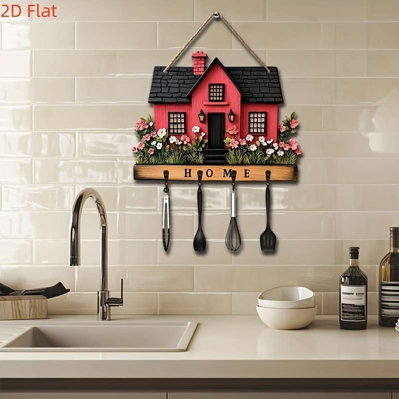 A Wooden Key Holder Featuring a Romantic Floral And Cottage Design with 4 Metal Hooks in a Bohemia