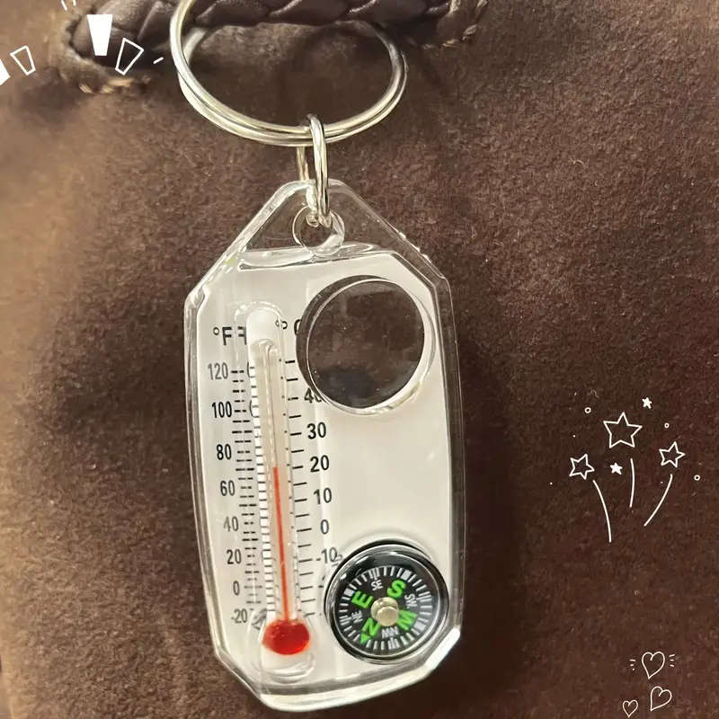 1pc 3in1 Keychain with Temperature Gauge Compass and Magnifying Mirror Portable Mini Mountaineering