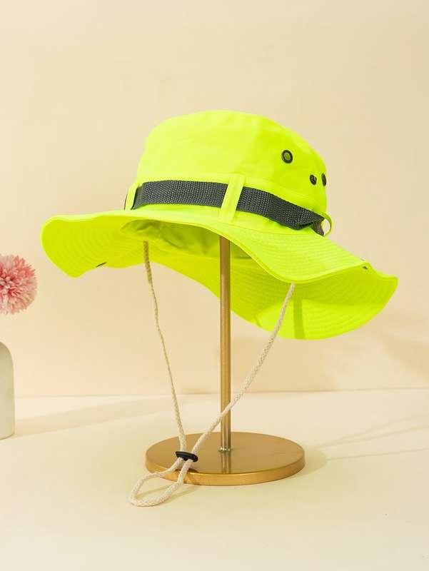 1pc Bright Neon Green Western Cowboy Bucket Hat with Black Mesh Band Breathable Sun-Protective W
