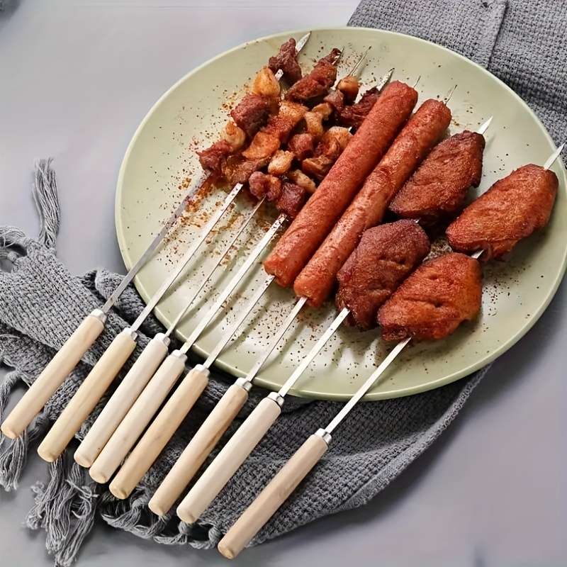 20pcs Stainless Steel Skewers with Ergonomic Wooden Handles Durable Thick Grill Sticks for C
