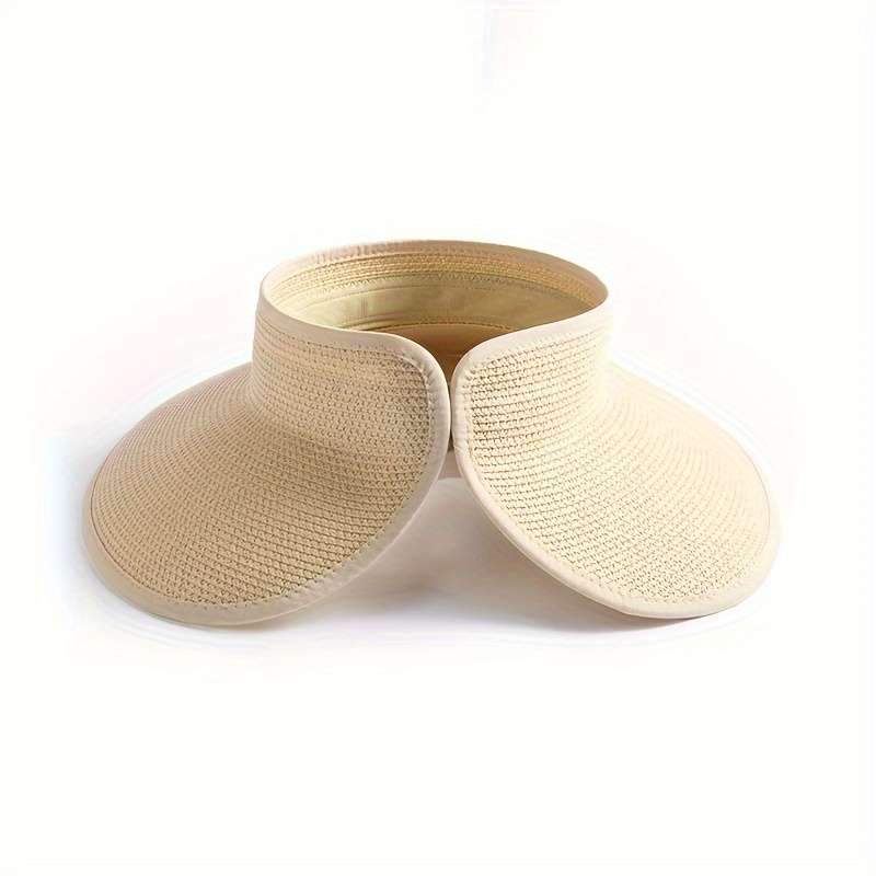 1pc Women'S Wide Brim Straw Sun Visor Hat Packable Foldable Summer Beach Travel Ponytail Hat