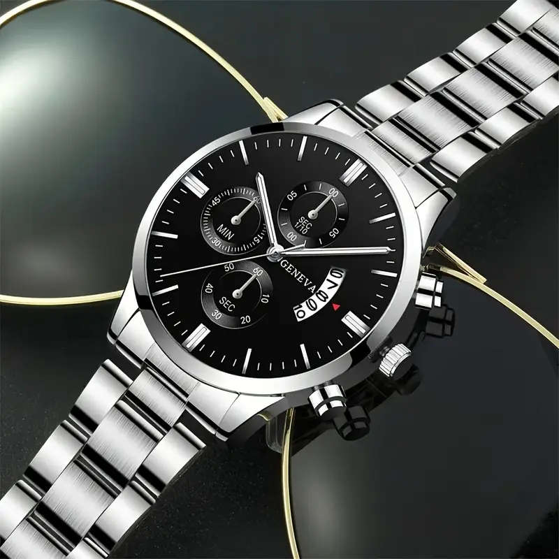 2pcs Watch Set: Stylish Alloy Round Case with Calendar