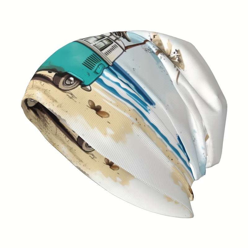 1pc Funky Beach Bus Palm Tree Design Beanie Hat Soft Lightweight Polyester Blend Perfect
