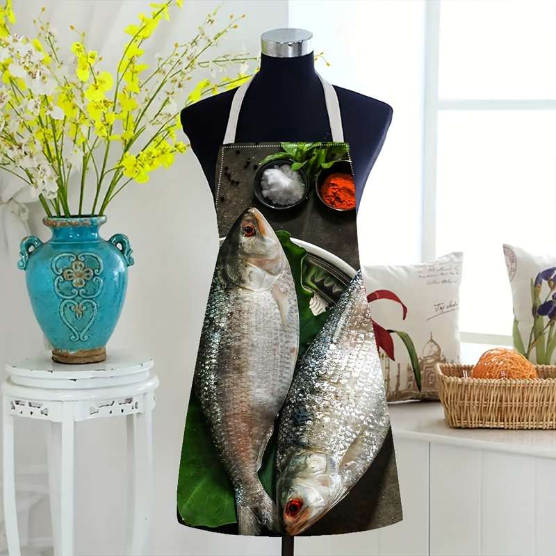 1pc Linen Chef Apron with Fish Design Durable Woven Kitchen Apron for Cooking and Gardening E