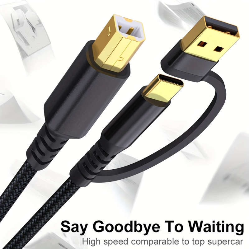 1pc 500cm Printer Cable 2-in-1 USB-A C to USB-B Cable USB C MIDI Cable Braided High Speed Printer