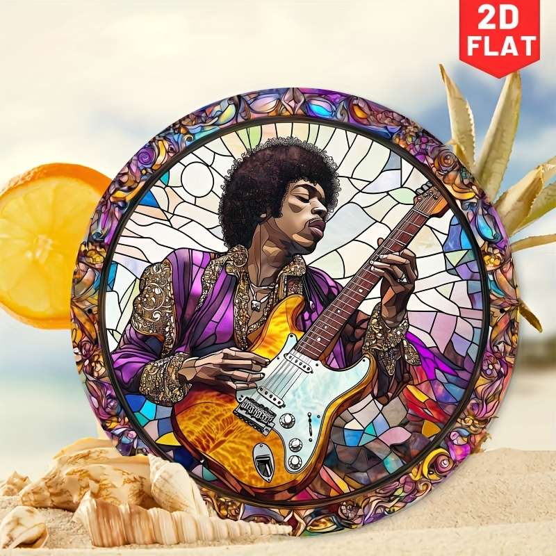 1pc 2D Flat Vintage Guitarist Metal Wall Art 19.99cm Round Iron Sign with Stained Glass Design