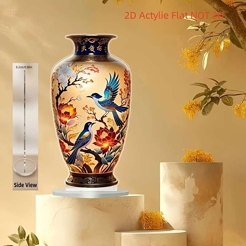 1pc 2D Flat   Painting Elegant Acrylic Material Vase with Colorful Floral and Bird Design