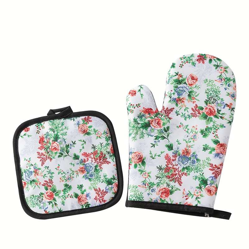 2pcs Polyester Digital Print Mushroom Pattern Kitchen Baking Oven Mittens Heatproof Mats Dining