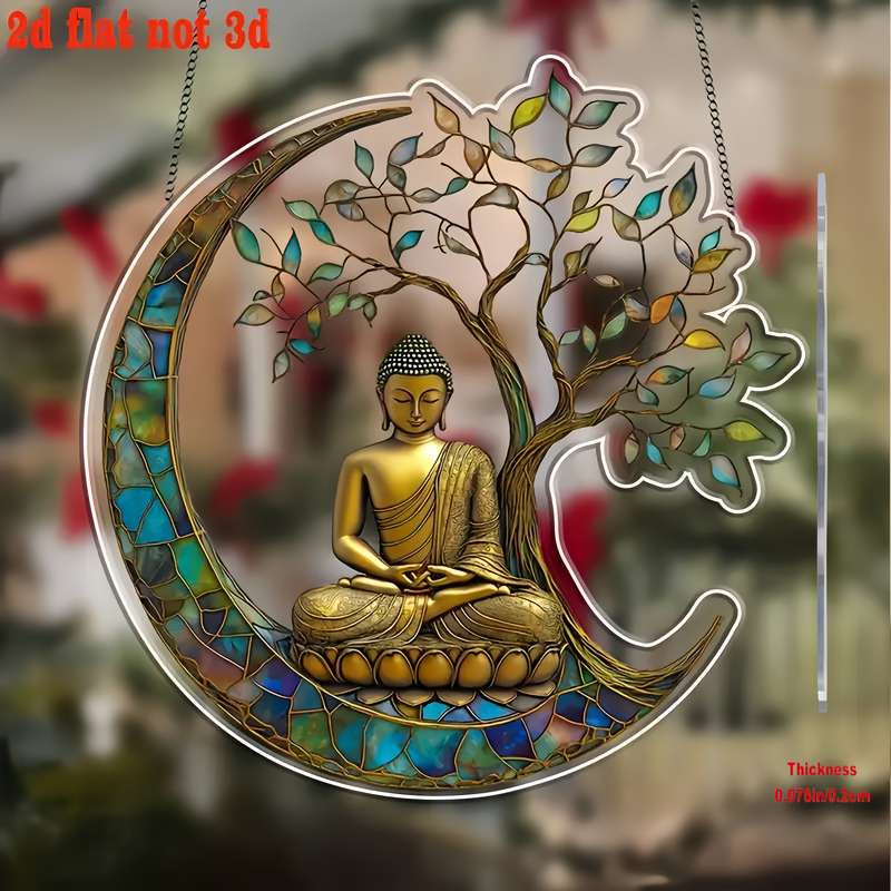 1pc 2D Flat  Vintage Buddha Suncatcher  Acrylic Stained Glass Window Hanging Decor 19.99cm x 2