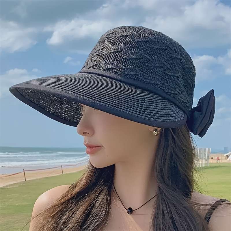 1pc Womens Stylish Summer Straw Sun Hat with Bowknot Breathable Foldable UV Protection Wi