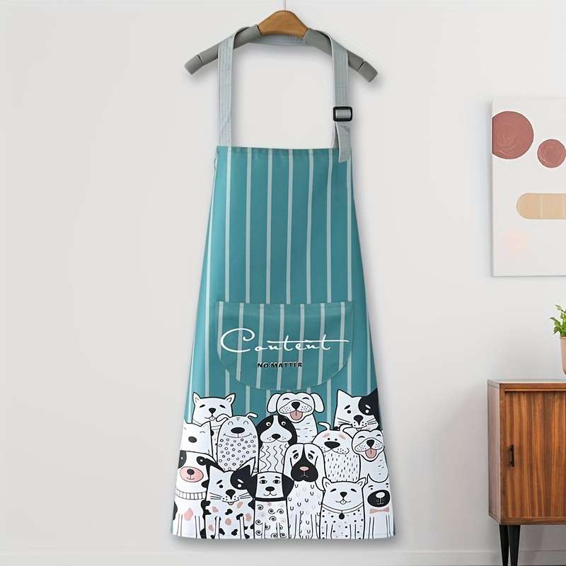 1pc Cute Cartoon Dog Apron for Adults Polyester Kitchen Chef Apron with Pockets Blue Striped