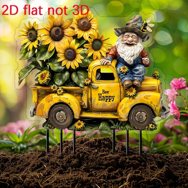 1pc 2D Flat  Happy Bee Driving Vintage Truck Garden Stake Perfect for Yard And Lawn Perfect Flowe