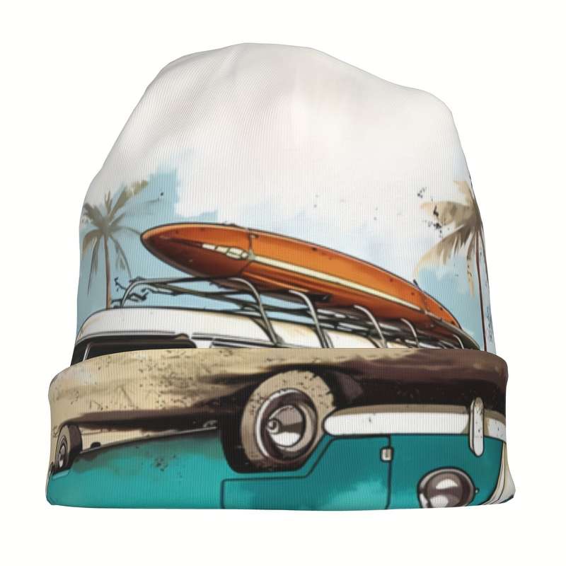1pc Funky Beach Bus Palm Tree Design Beanie Hat Soft Lightweight Polyester Blend Perfect