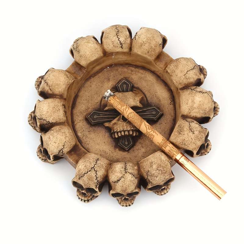 1pc Eclectic Skull Ashtray Gothic Round Resin Ashtray with Cross Detail Decorative Skeleton Head