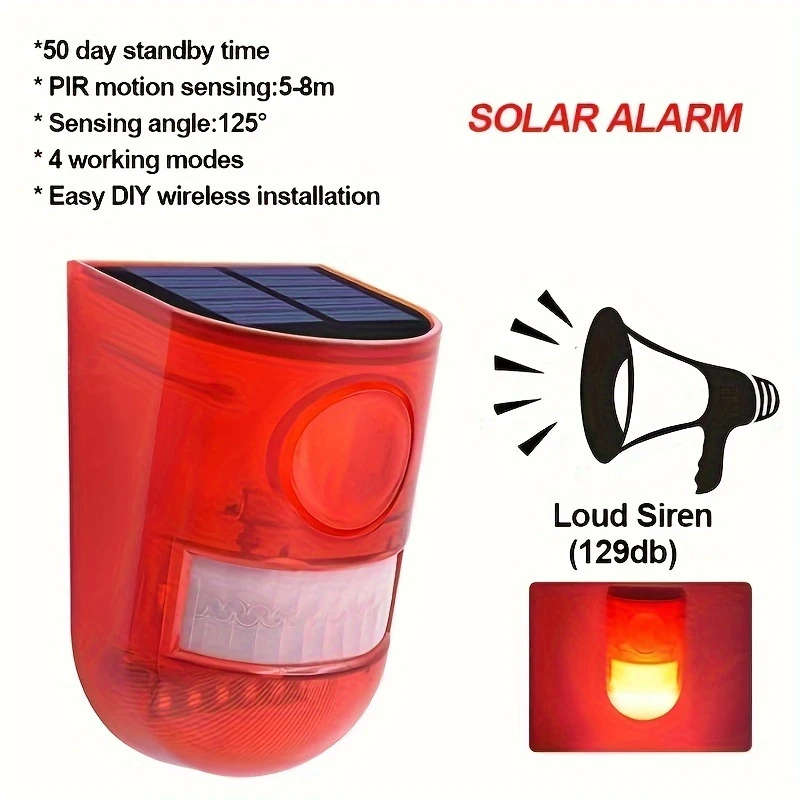 1pc Solar-Powered Security Alarm with 129Db Siren 6 LED Flashing Warning 400Mah Rechargeable Lithium