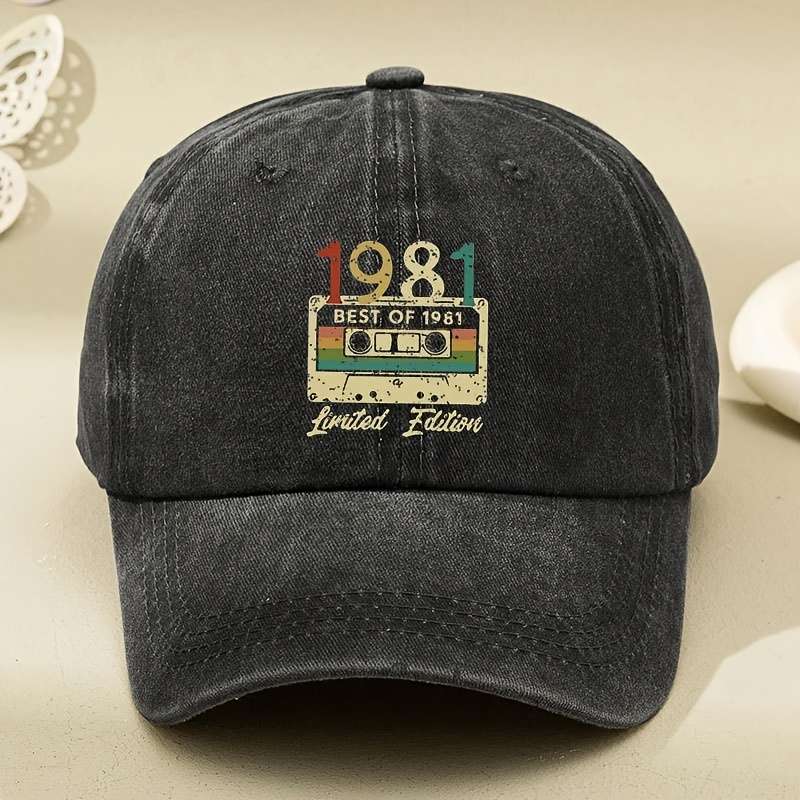 1pc Vintage 1981 Retro Cassette Tape Baseball Cap Black Washed Distressed Design with Adjustable