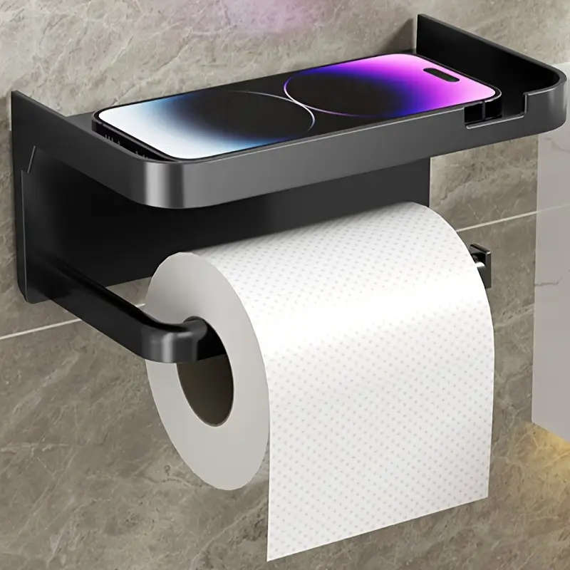 1pc Easy-Install No-Drill Stainless Steel Toilet Paper Holder with Phone Shelf Wall Mounted Space-Sa