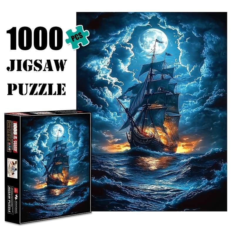 1000pcs Moonlit Sailing Ship Jigsaw Puzzle Cardboard Material Brain Teaser DIY Home