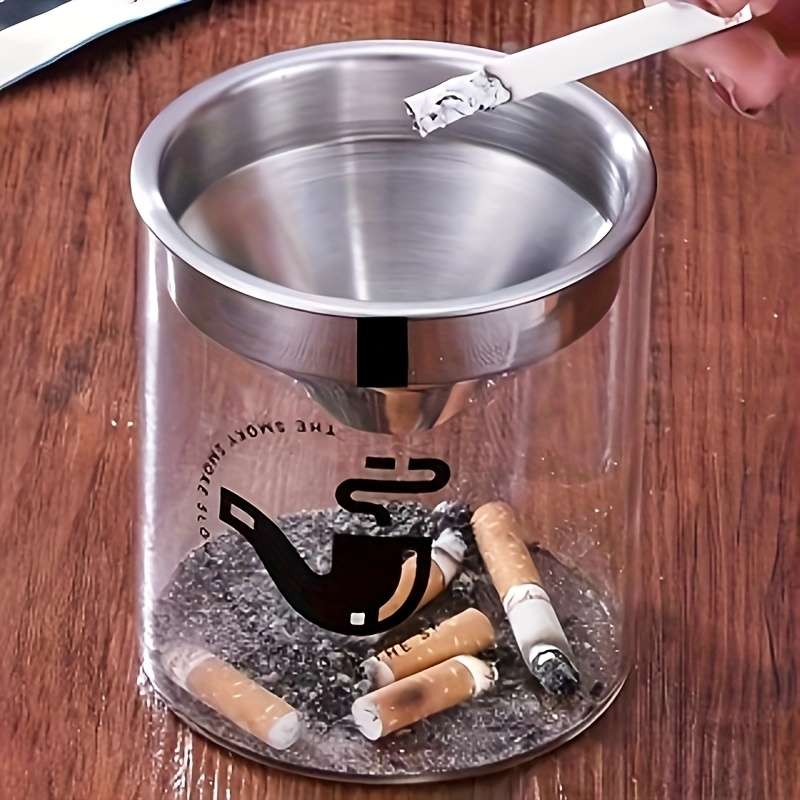 1pc Vintage Round Glass Ashtray with Lid Stainless Steel Funnel Creative Office Home Ashtray