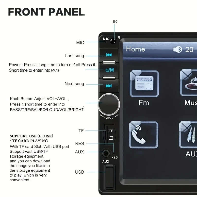 1pc 17.78cm Touch Screen Double Din Car Stereo MP5 Player Wireless Hands-Free Calling Mirror Link
