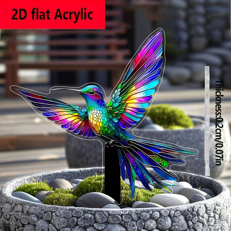 1pc 2D Flat  Acrylic Hummingbird Garden Decoration Vibrant Rainbow Feathers Classic Style No Bat