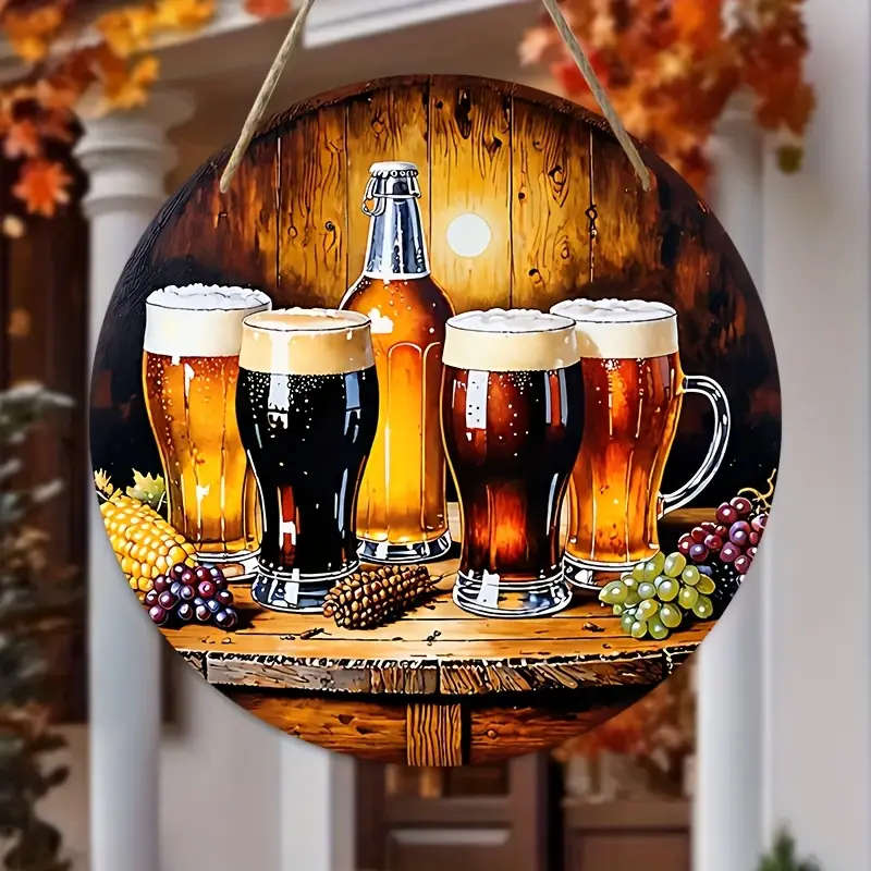 1pc Rustic Beer Mugs Wooden Wall Art 2D Printed Wooden Hanging Decor with Autumn Leaves and Pinecone