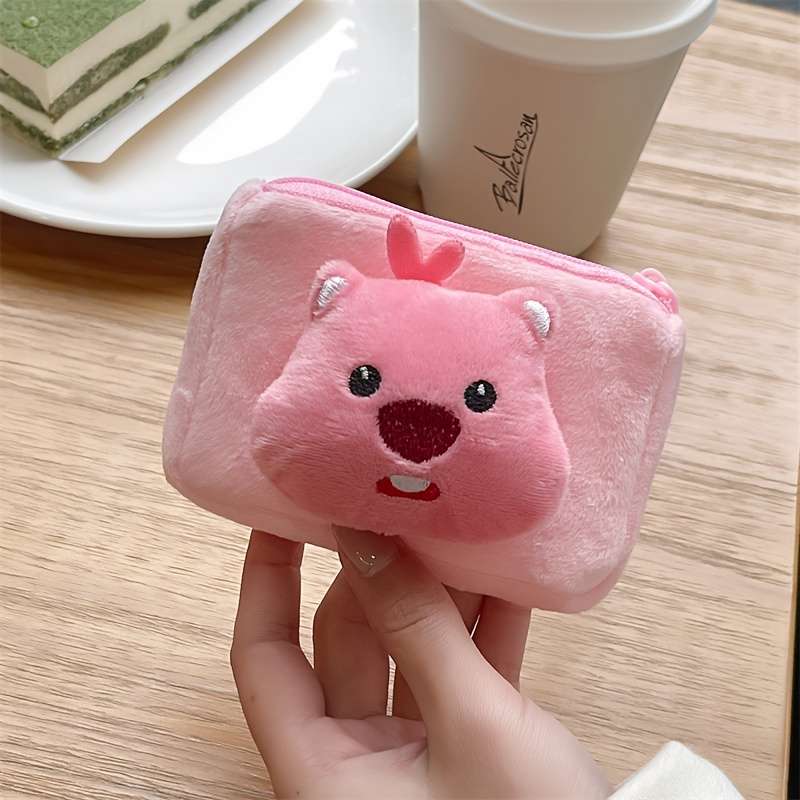1pc Adorable Pink Beaver Coin Purse Lightweight Cartoon-Style Key Card Holder with Zipper Pock