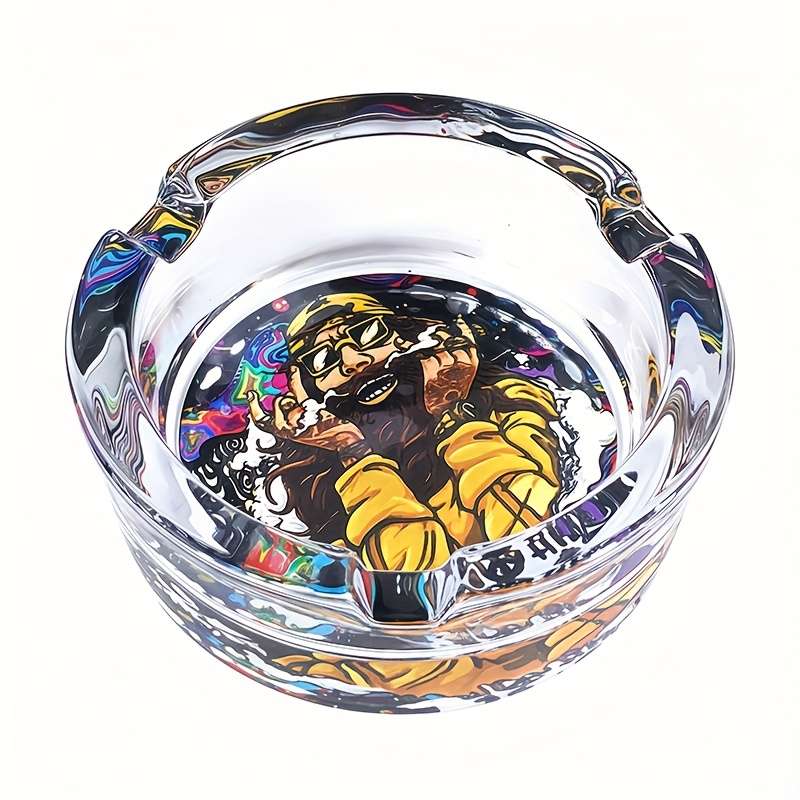 1pc 85mm Round Glass Ashtray with Vibrant Psychedelic Art Design Durable Transparent Ideal for