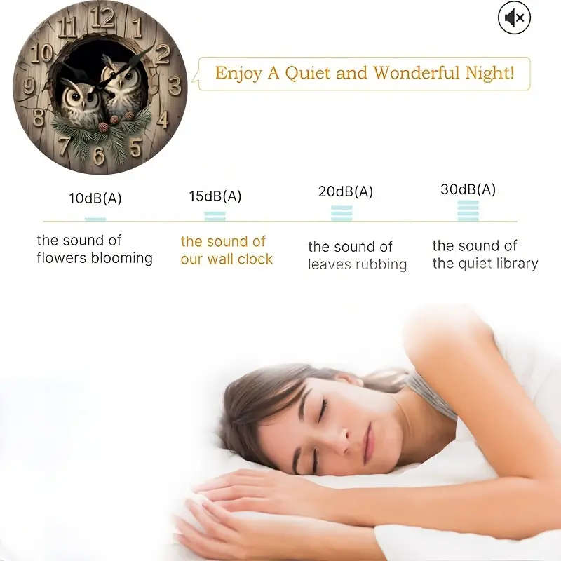 1pc Chic Silent Owl Wall Clock Round Wooden Decorative Timepiece for Living Room Bedroom Office Batt