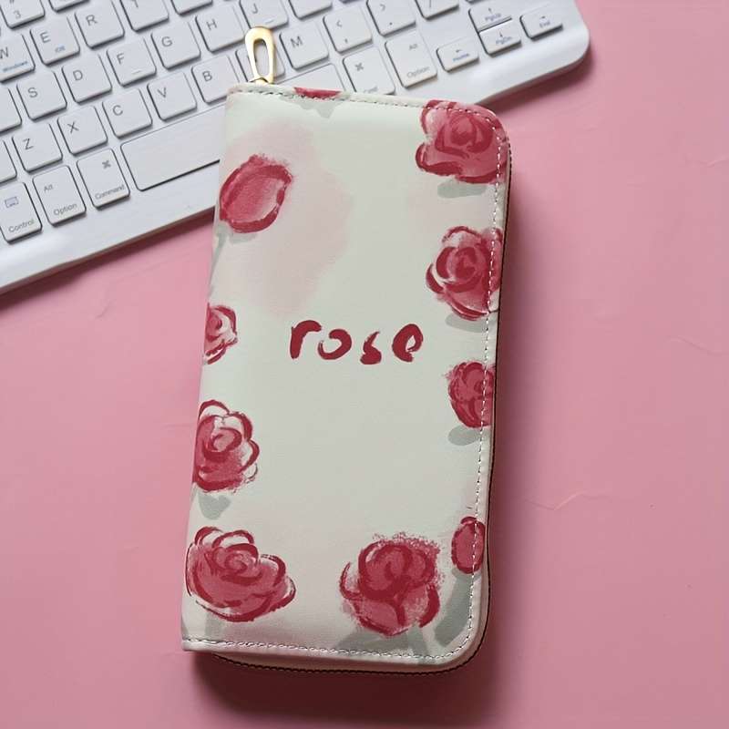 1pc Women'S Floral Print Long Zipper Wallet Large Capacity Synthetic Faux Leather Clutch with Mult