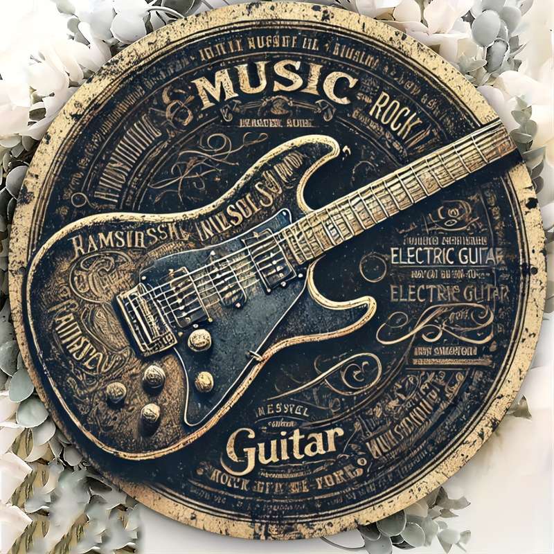 1pc Vintage Round Aluminum Tin Sign with Guitar Design 1 Piece Foil Engraved Metal Signage Durab