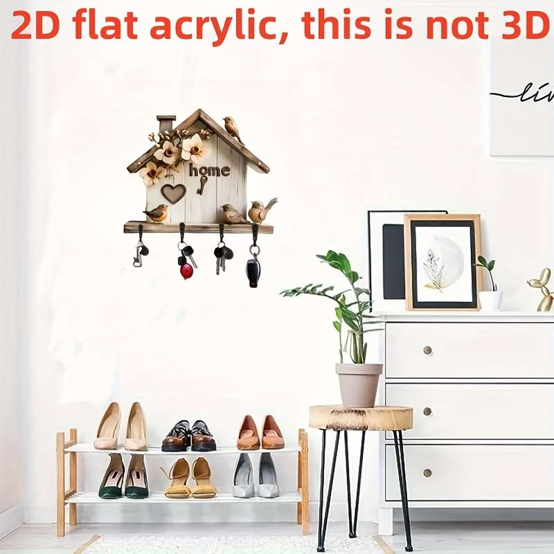 1pc 2D plane printing simple and colorful wooden and home keychain with four black metal hooks 11