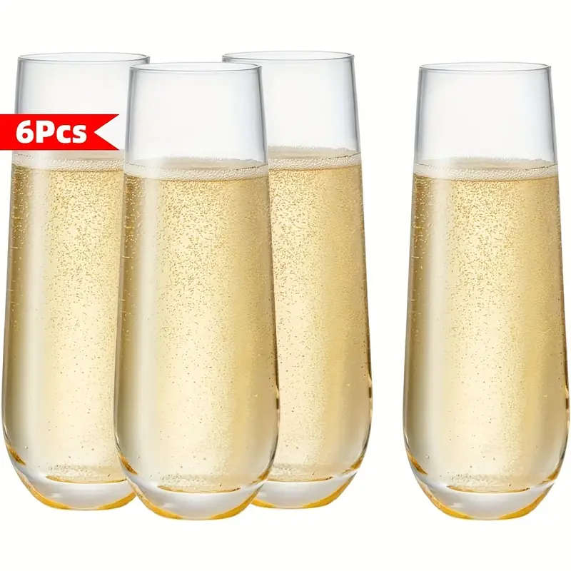 6 Piece Elegant Champagne Flutes - Reusable, Recyclable Plastic, Stemless & Shatterproof Glasses