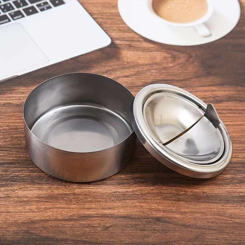 1pc Stainless Steel Windproof Ashtray with Lid Portable Round Design for Home and Outdoor Use