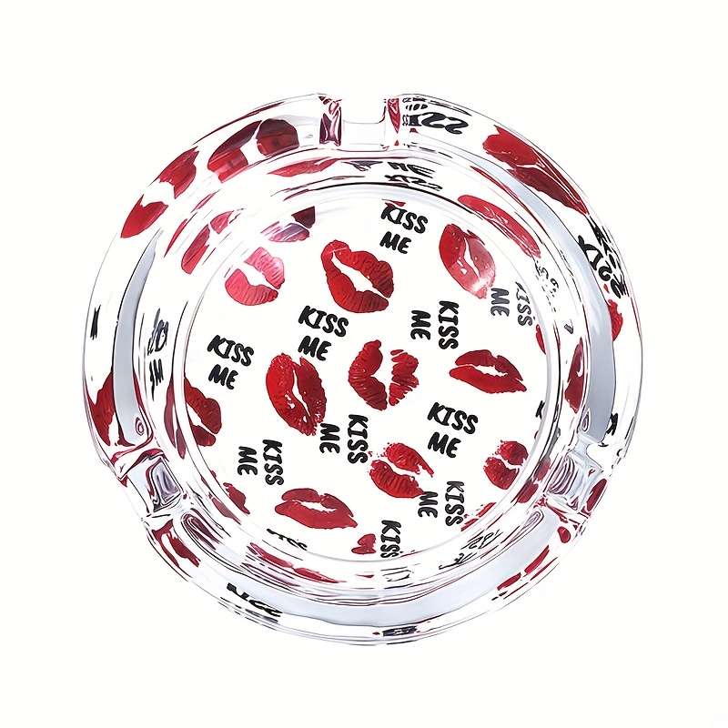 1pc 8.48 cm Round Glass Ashtray with Sexy Red Lips Design C "KISS ME" Pattern Clear Smoking Access