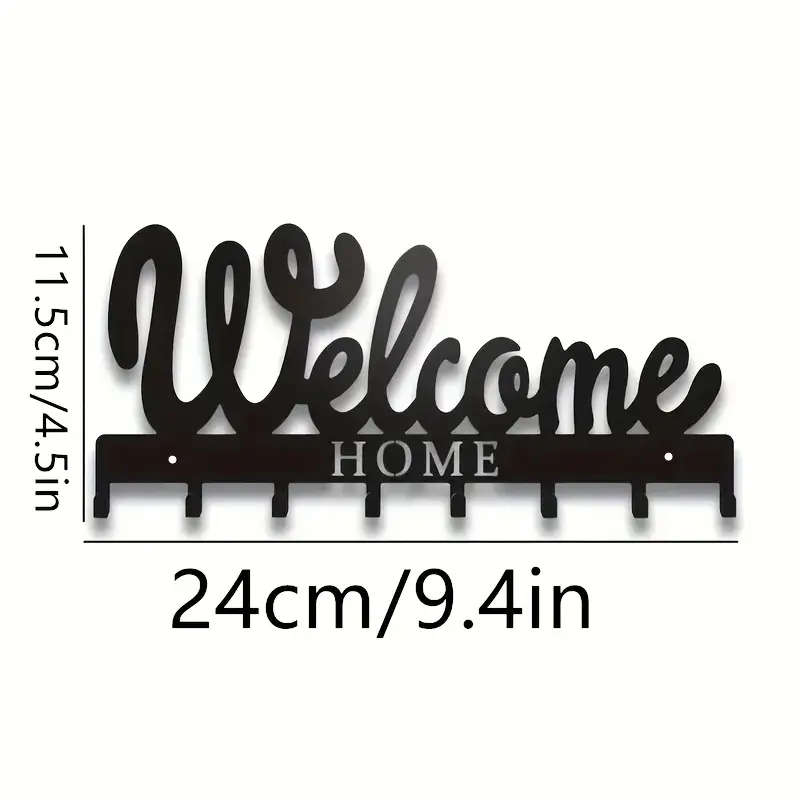 1pc Black Metal Welcome Home Key Holder with 8 Hooks Wall Mounted Key Rack for Keys Towels Coats Ver