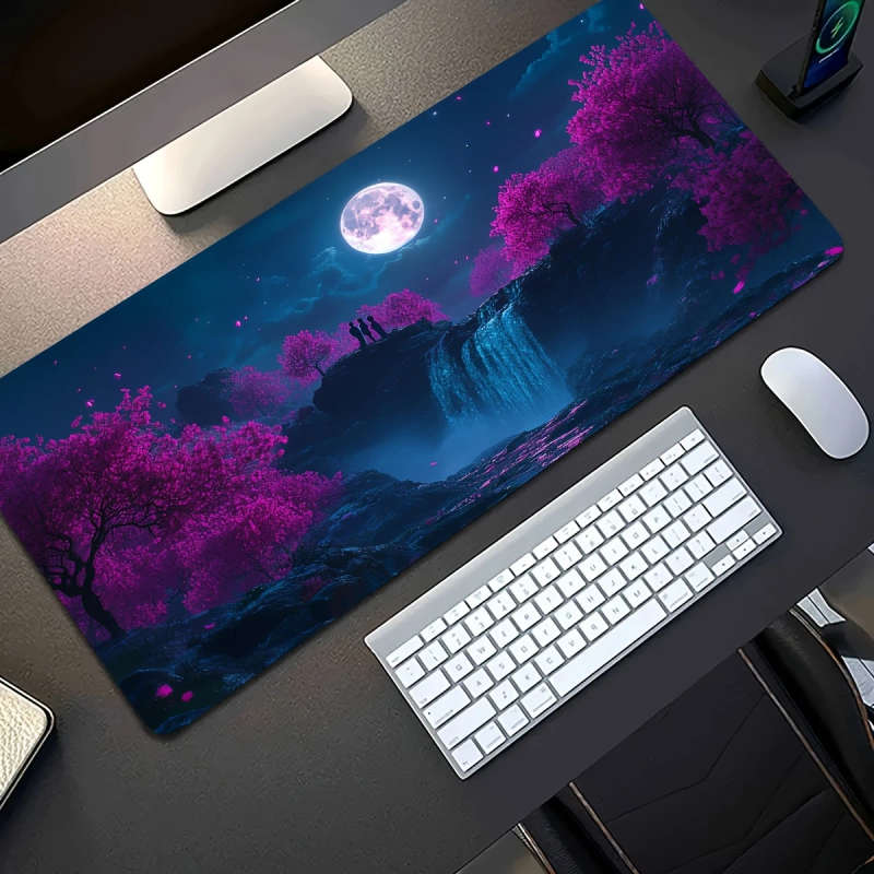 1pc 30x60cm Stunning Pink Cherry Blossom Waterfall Moonlit Scene Gaming Mouse Pad